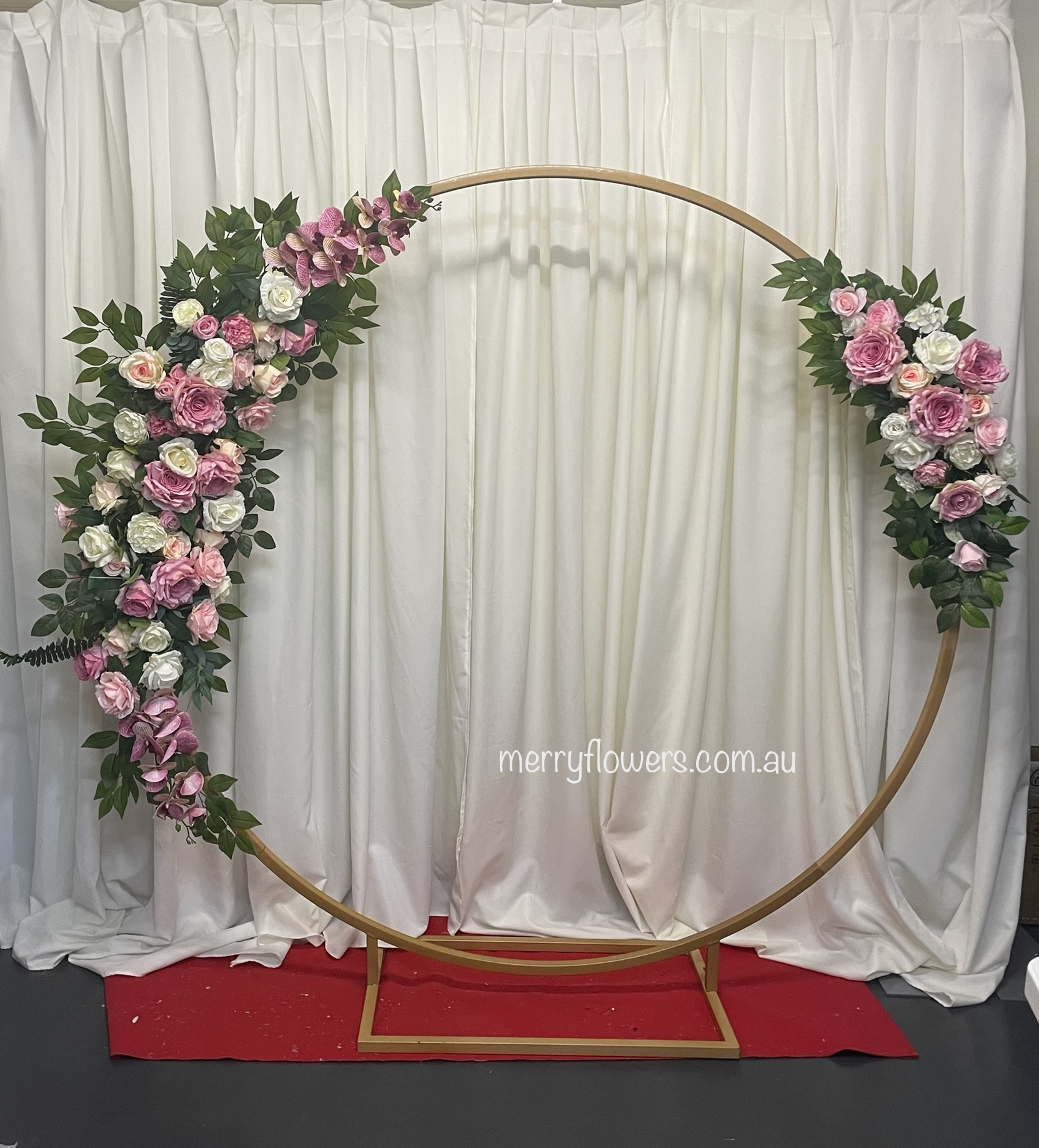 HA001-Gold Hoop Arch with Pink and green flowers